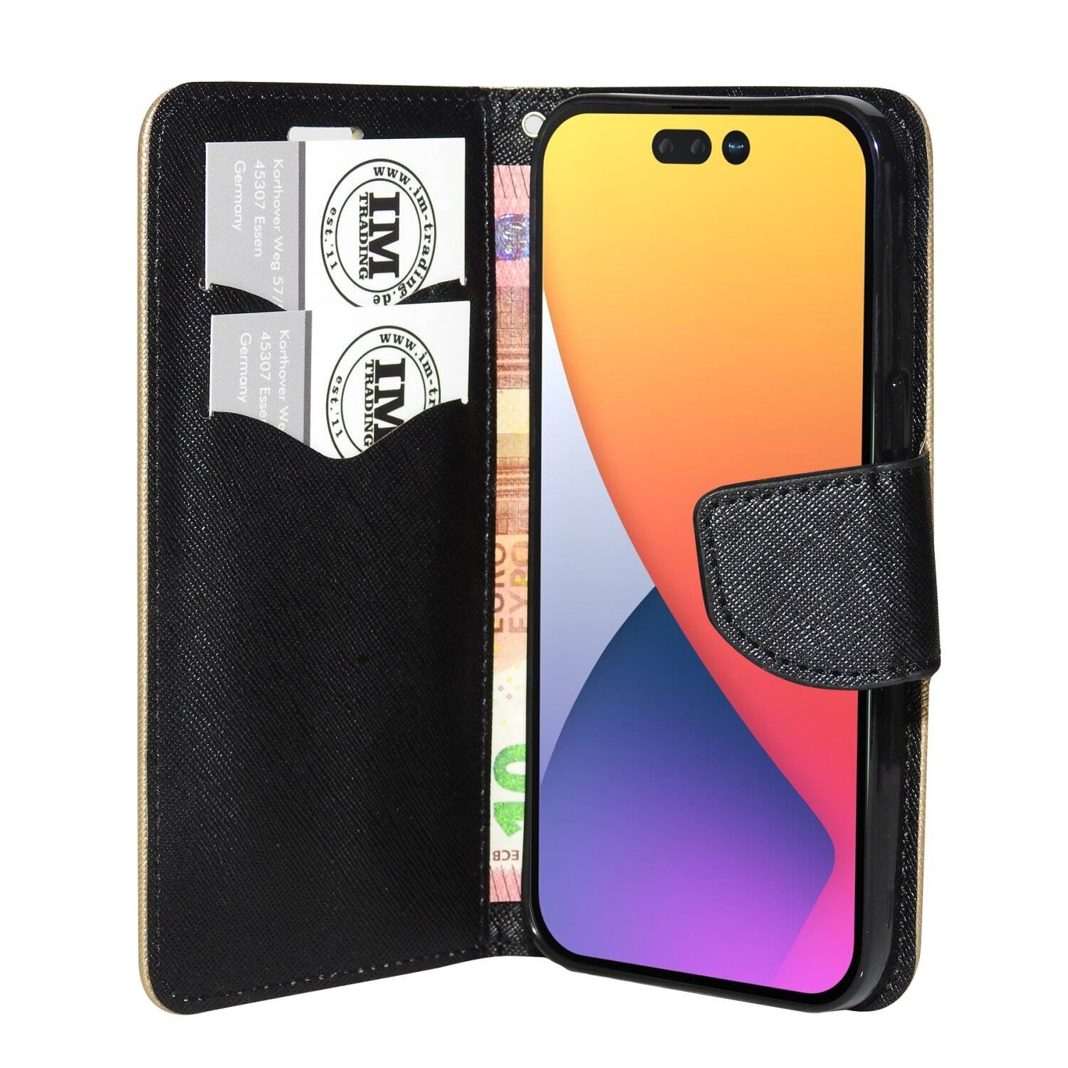 Buch Tasche "Fancy" kompatibel mit iPhone 14 Plus Handy Hülle Brieftasche mit Standfunktion, Kartenfach Gold-Schwarz