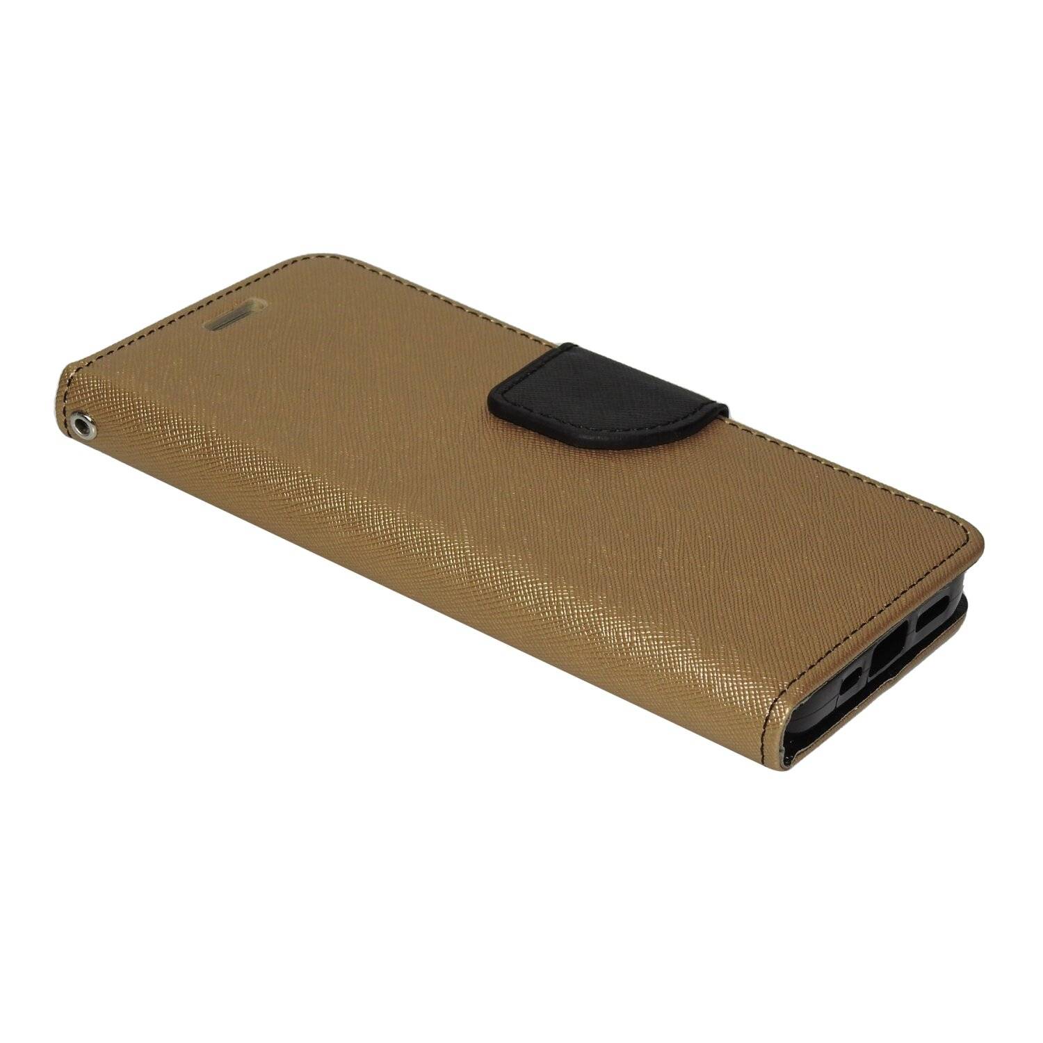 Buch Tasche "Fancy" kompatibel mit iPhone 14 Plus Handy Hülle Brieftasche mit Standfunktion, Kartenfach Gold-Schwarz
