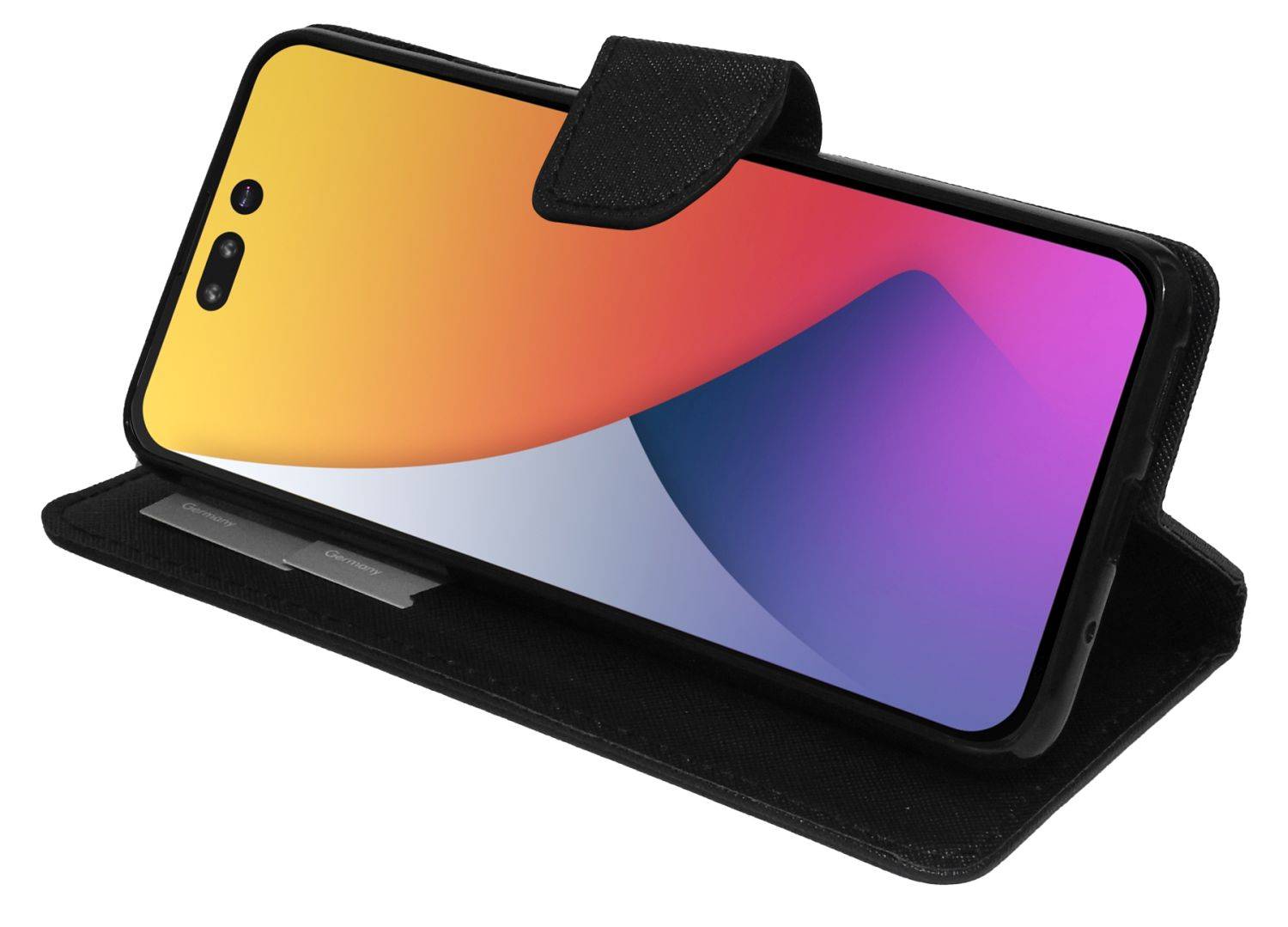 Buch Tasche "Fancy" für iPhone 14 Handy Hülle Etui Brieftasche Schutzhülle mit Standfunktion, Kartenfach Schwarz