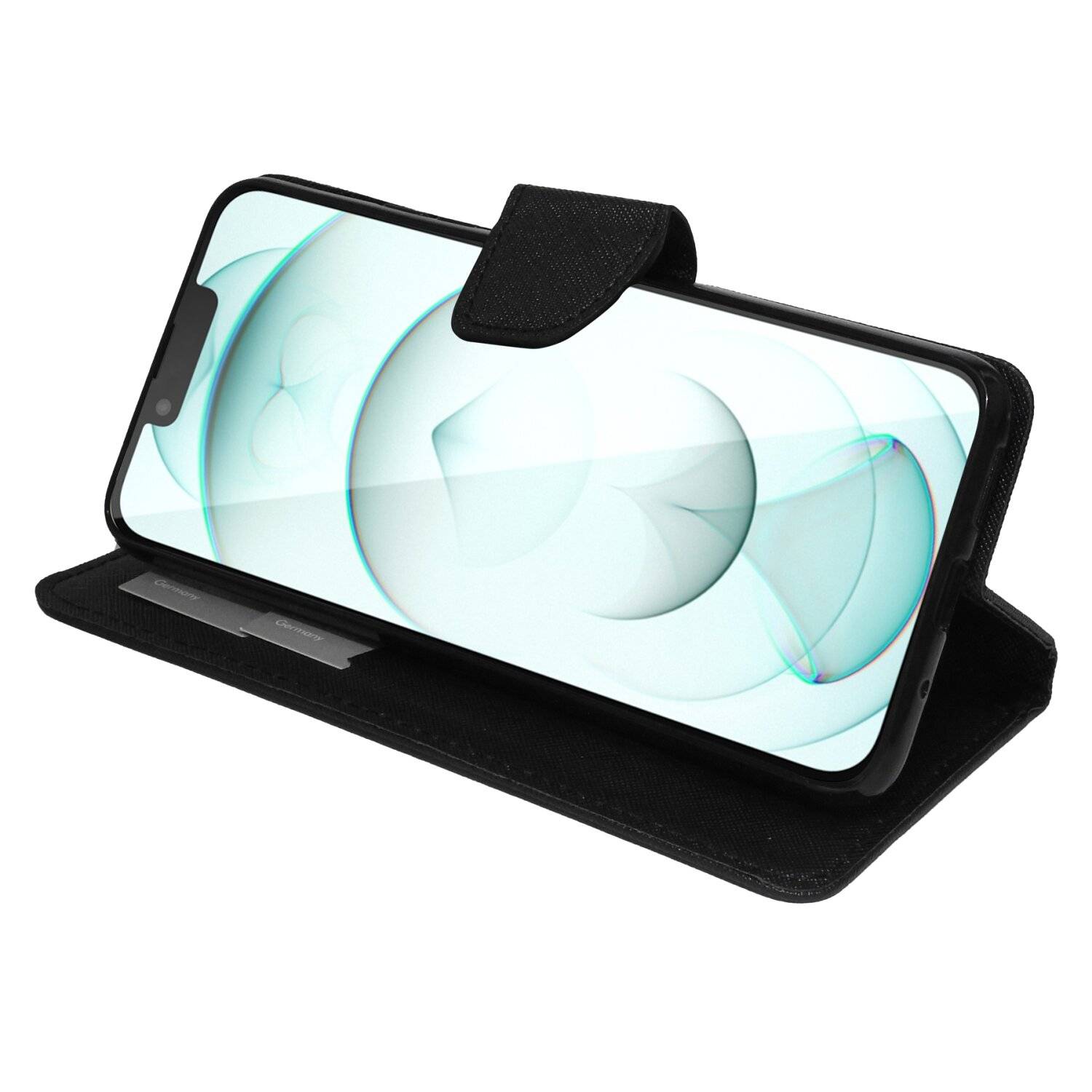 Buch Tasche "Fancy" kompatibel mit iPhone 14 Plus Handy Hülle Brieftasche mit Standfunktion, Kartenfach Schwarz