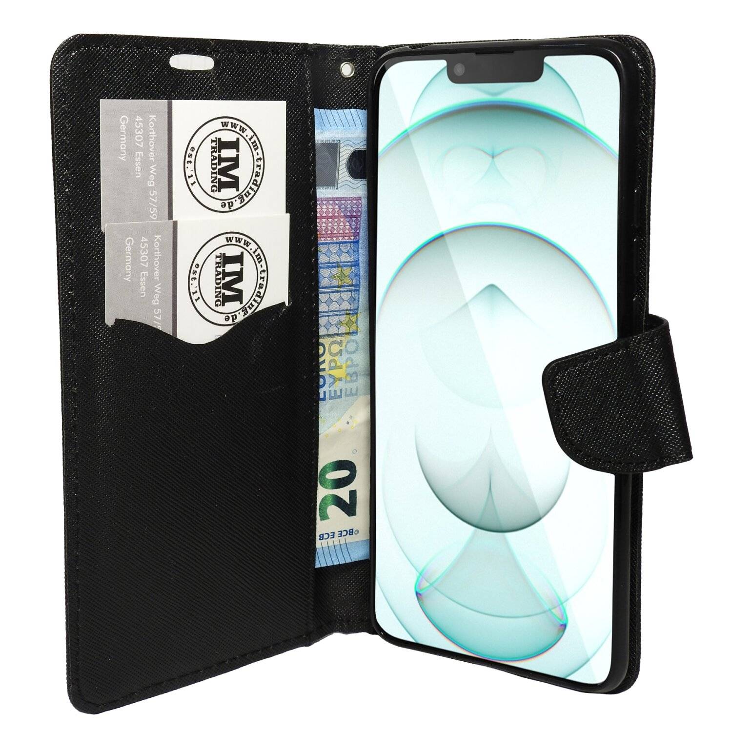 Buch Tasche "Fancy" kompatibel mit iPhone 14 Plus Handy Hülle Brieftasche mit Standfunktion, Kartenfach Schwarz