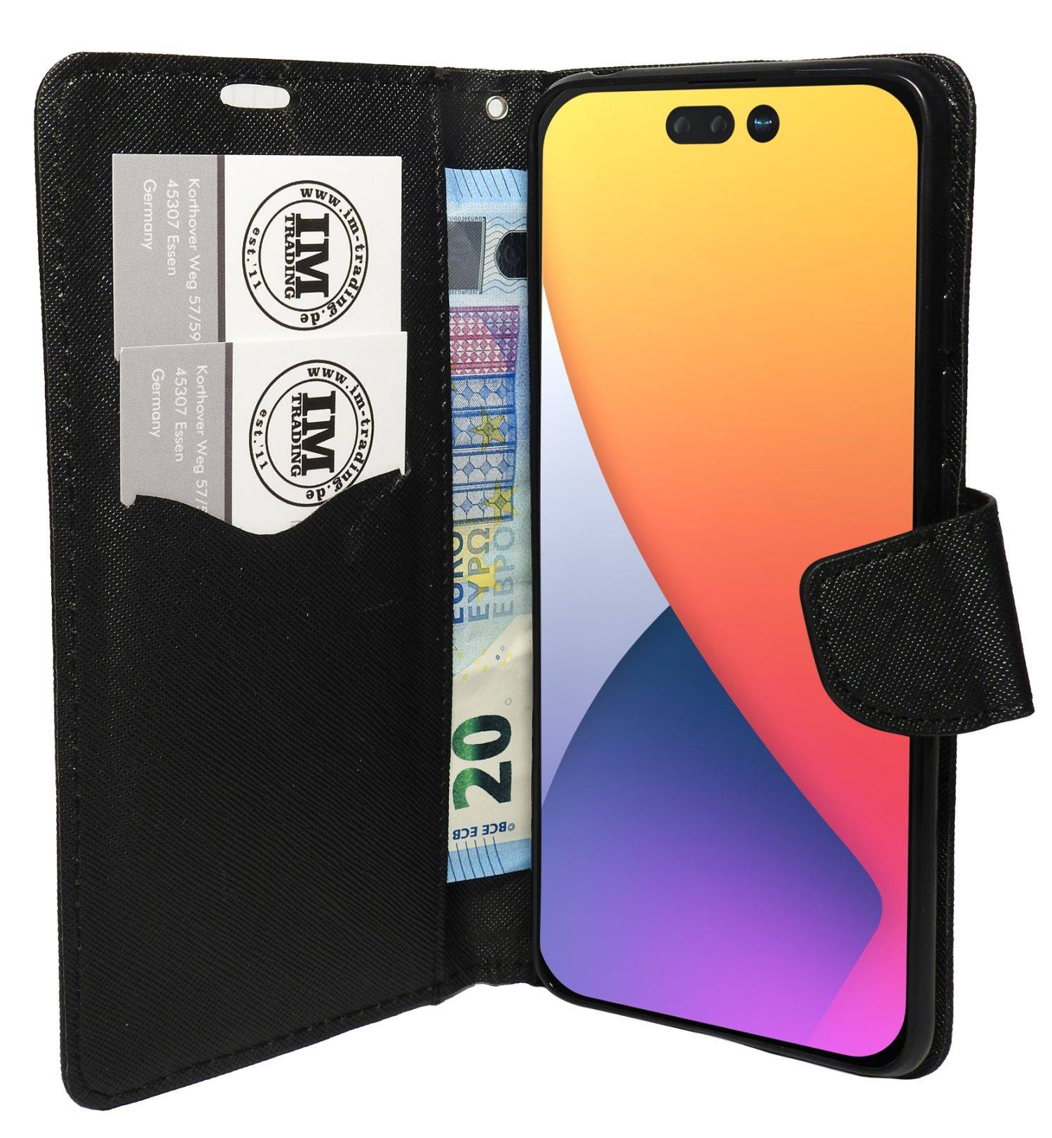 Buch Tasche "Fancy" für iPhone 14 Pro Handy Hülle Etui Brieftasche Schutzhülle mit Standfunktion, Kartenfach Schwarz