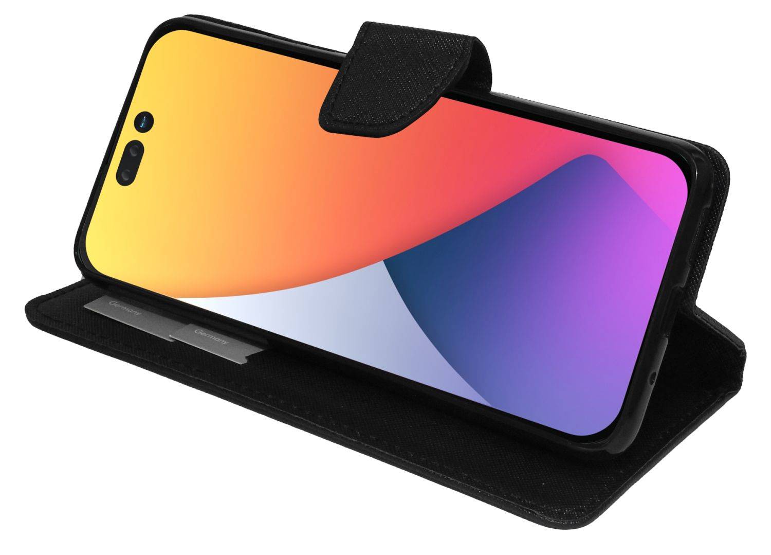 Buch Tasche "Fancy" für iPhone 14 Pro Handy Hülle Etui Brieftasche Schutzhülle mit Standfunktion, Kartenfach Schwarz