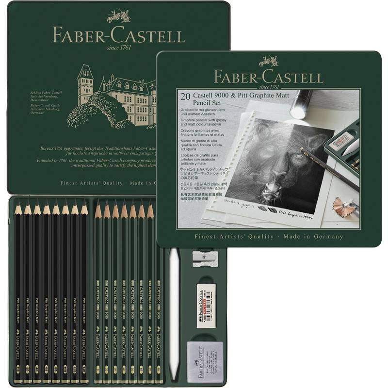 Faber-Castell 20-teiliges Bleistift-Set mit Bleistiften, Radiergummis und Spitzer in einer grünen Metalldose, mit Zeichnung und Markendetails.