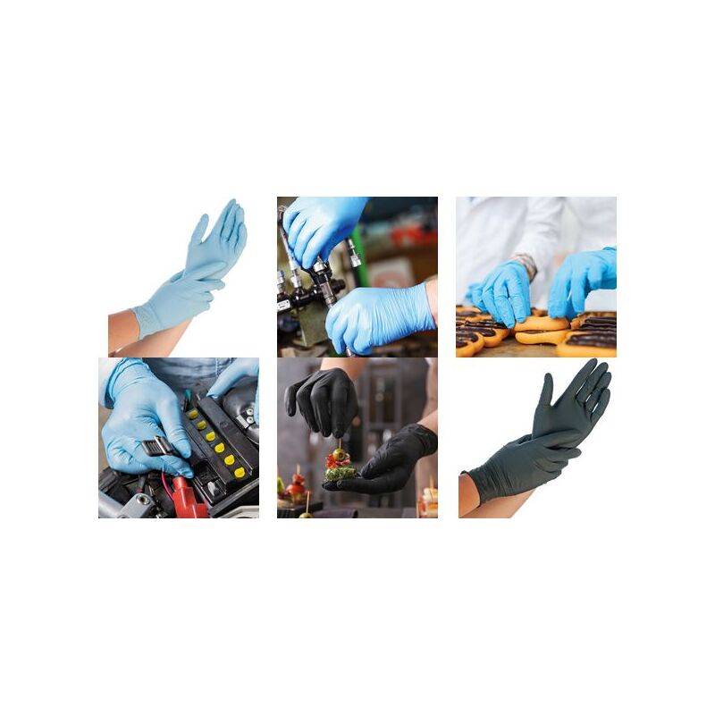 Collage von Händen mit blauen und schwarzen Handschuhen bei verschiedenen Aufgaben: wissenschaftliche Arbeit, Umgang mit Lebensmitteln, Bedienung von Maschinen.