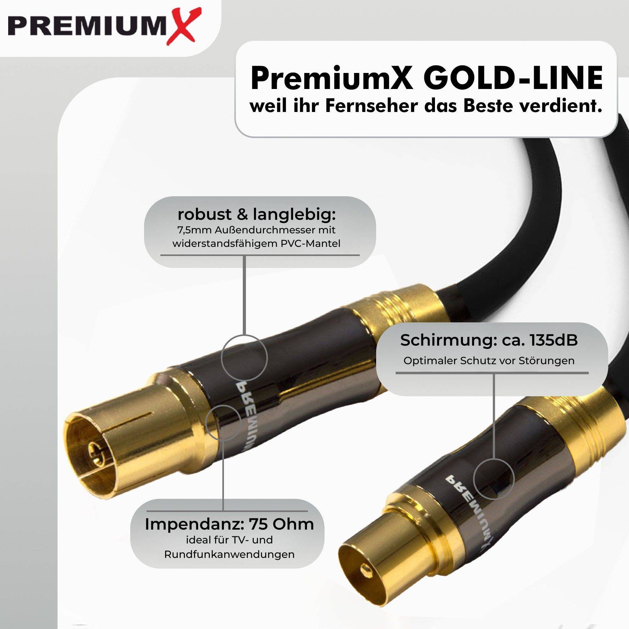 PremiumX 12,5m Gold-Line TV Antennenkabel Schwarz IEC-Anschlusskabel Koax Stecker - Kupplung Koaxialkabel Metallgehäuse HDTV 4K
