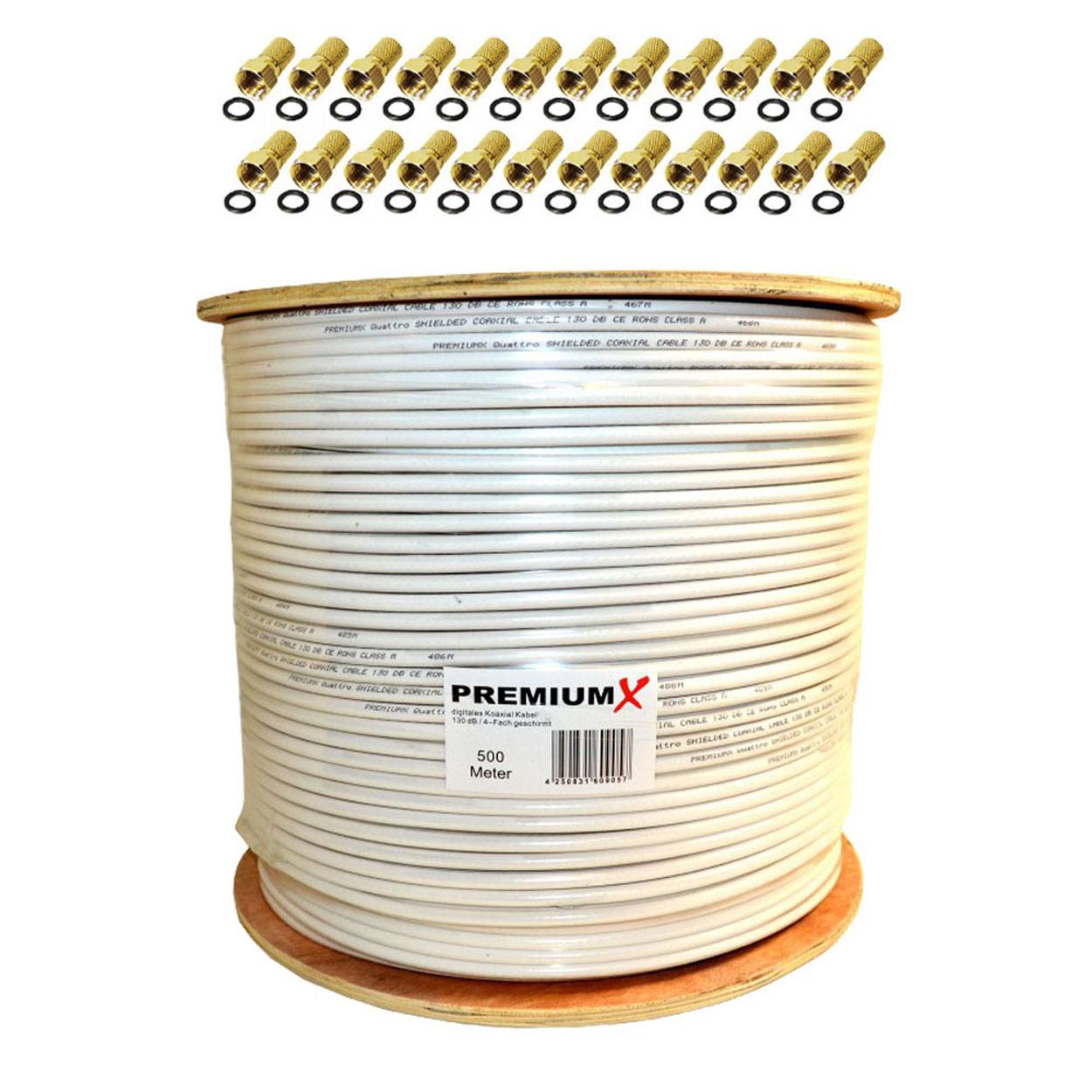 PremiumX PROFI 500 m Koaxial Kabel 135 dB 4-Fach geschirmt CU REINES KUPFER SAT Antennenkabel 500m TV Koaxkabel RG-6 Class A mit 24x F-Stecker