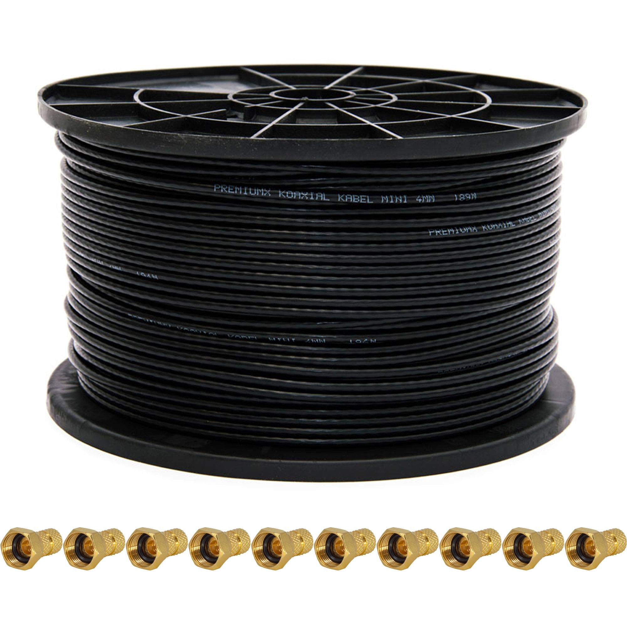 PremiumX SAT Installationsset 50m mini Koax Kabel 4mm Antennenkabel extra dünn in Schwarz mit 10x F-Aufdrehstecker 4 mm