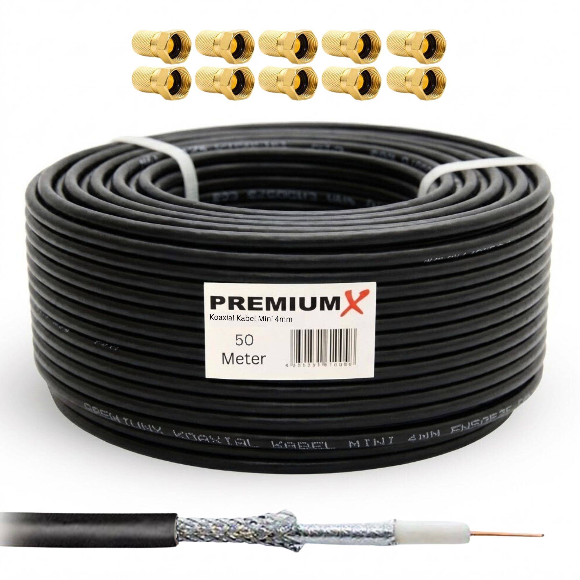 PremiumX SAT Installationsset 50m mini Koax Kabel 4mm Antennenkabel extra dünn in Schwarz mit 10x F-Aufdrehstecker 4 mm