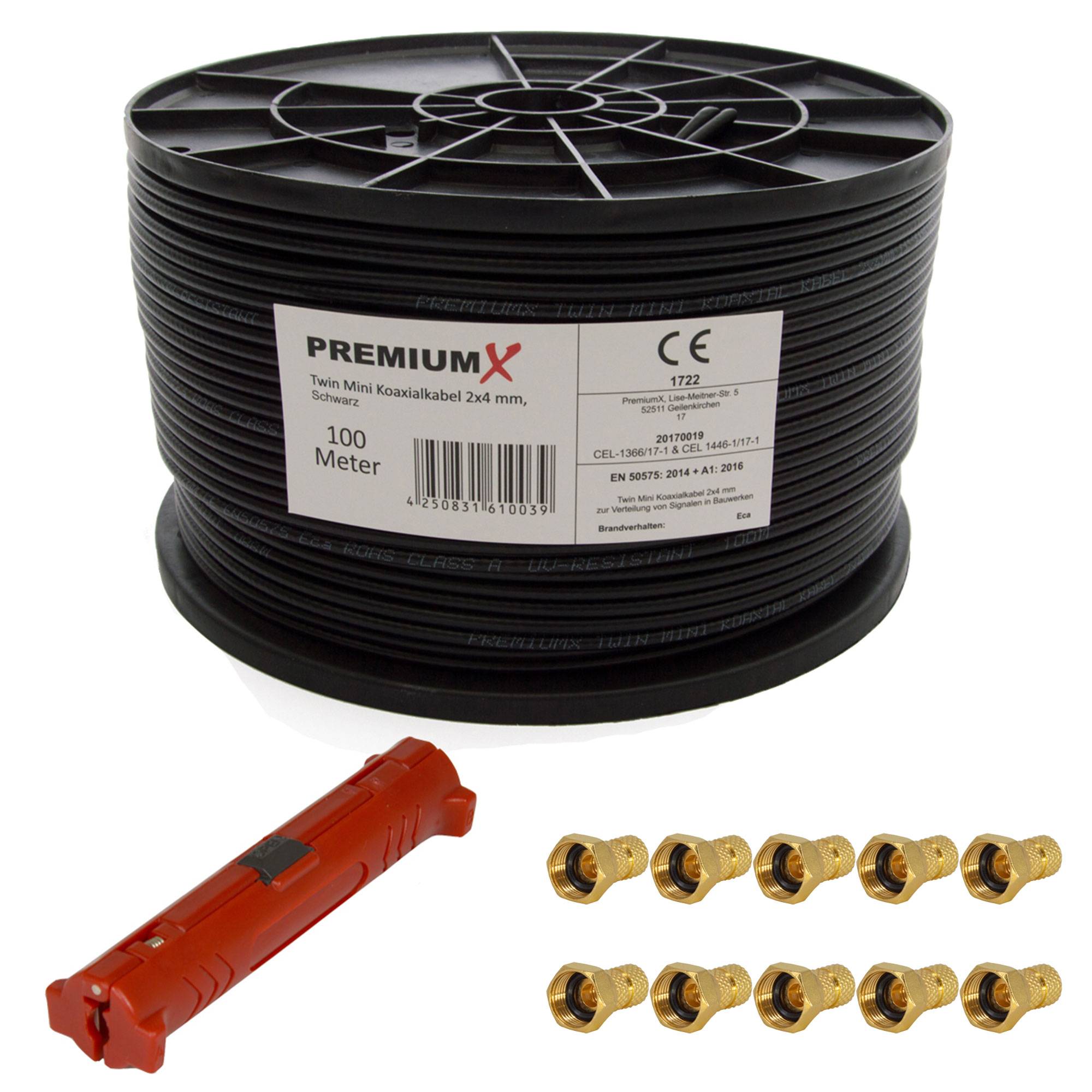 PremiumX 100 Meter Sat Koaxial Kabel 90dB Twin Mini 2x 4 mm Schwarz Antennenkabel + Abisolierwerkzeug mit 2 Klingen für RG58 59/62 RG6 + 10