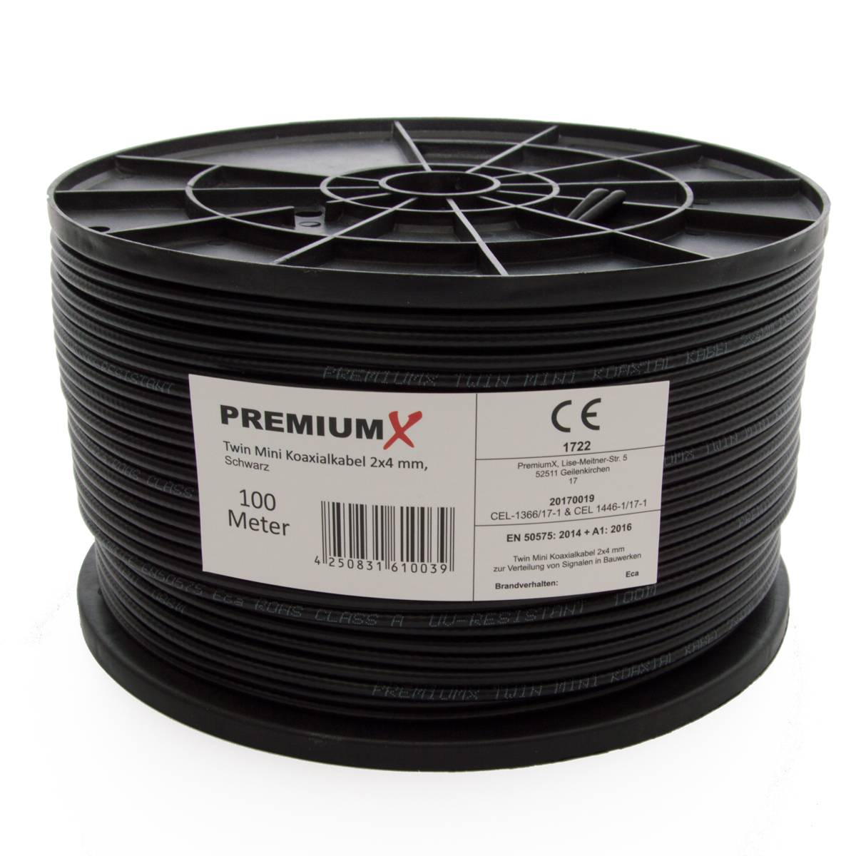 PremiumX 100 Meter Sat Koaxial Kabel 90dB Twin Mini 2x 4 mm Schwarz Antennenkabel + Abisolierwerkzeug mit 2 Klingen für RG58 59/62 RG6 + 10