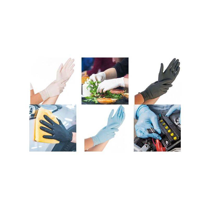 Collage verschiedener Handschuhe im Einsatz: weiße Handschuhe zum Reinigen, blaue Handschuhe zum Kochen und schwarze Handschuhe für Autoreparaturen.