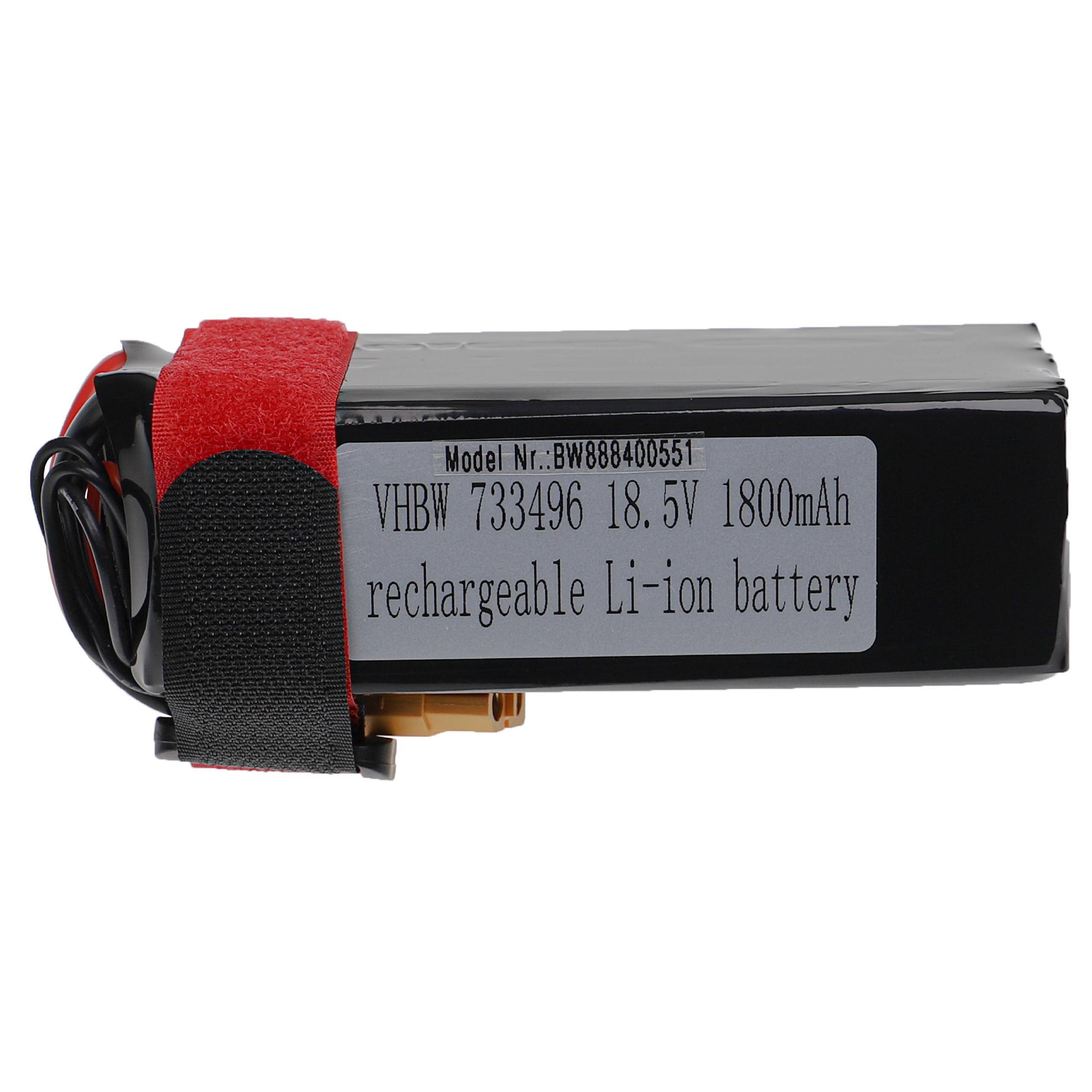 Schwarzes wiederaufladbares Lithium-Ionen-Akkupack mit roten und schwarzen Riemen und sichtbarem Etikett mit der Aufschrift „VHBW 733496 18,5V 1800mAh