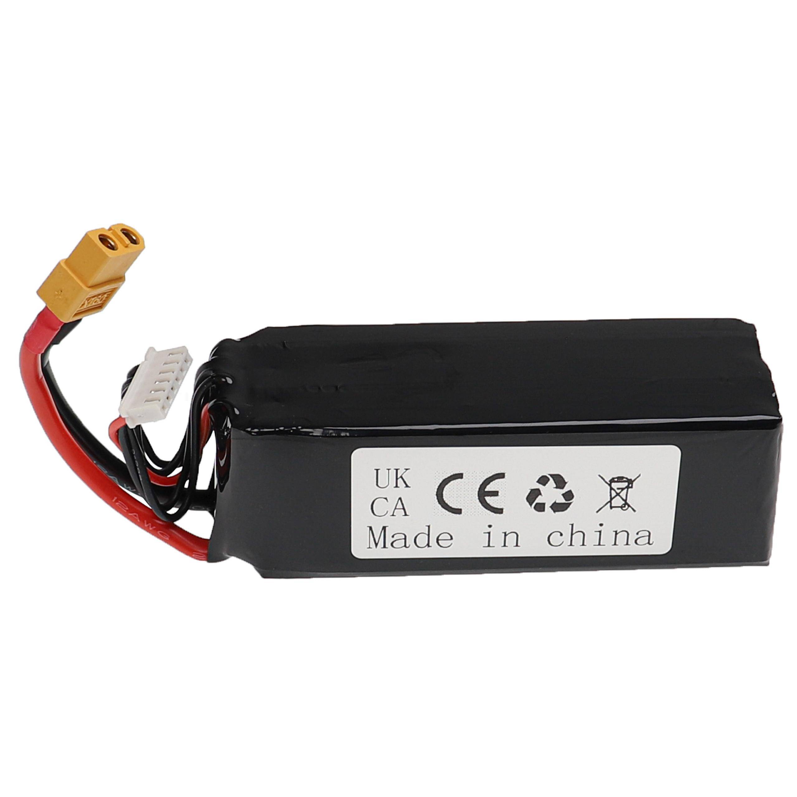 Schwarzes wiederaufladbares Batteriepack mit roten und schwarzen Kabeln und gelbem Stecker, beschriftet mit UK/CA, CE und „Made in china