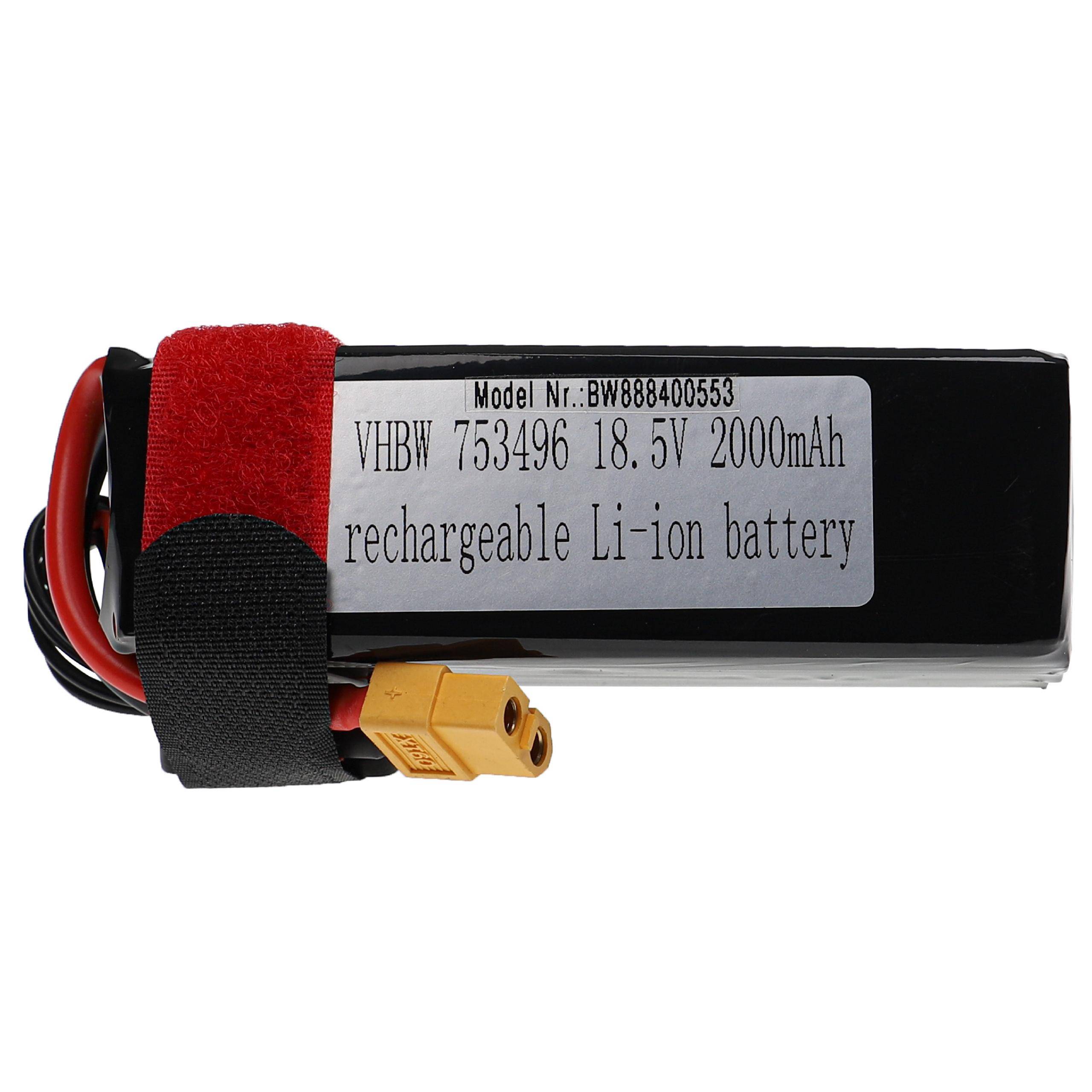 vhbw Akku kompatibel mit XT60 Stecker für Modellbau z.B. Racing Car, Helikopter, Flugzeug (2000mAh, 18,5V, Li-Polymer, 105 x 36 x 40 mm)