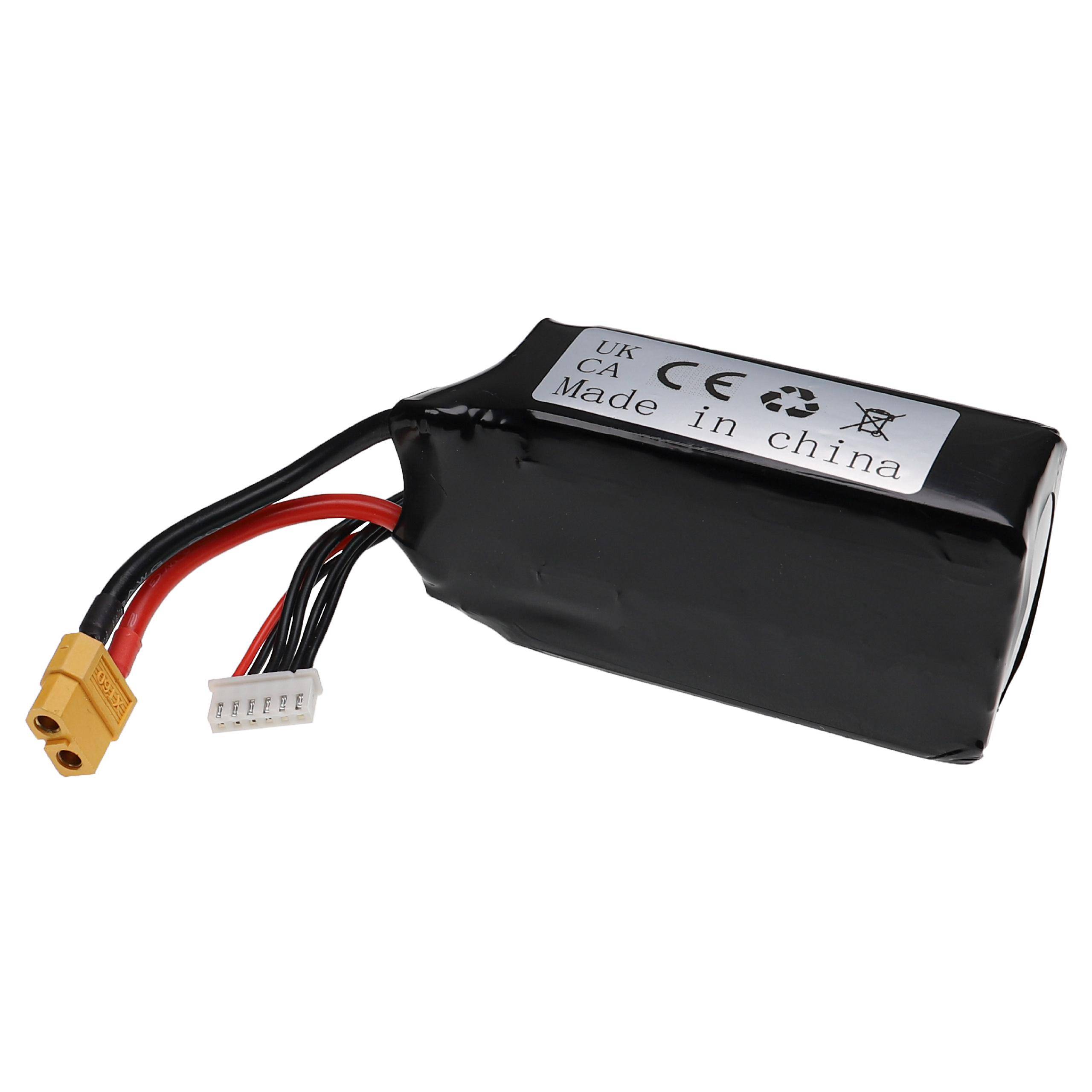 Schwarzes wiederaufladbares Batteriepaket mit gelbem XT-Stecker und weißem Ausgleichsstecker, gekennzeichnet mit „Made in China