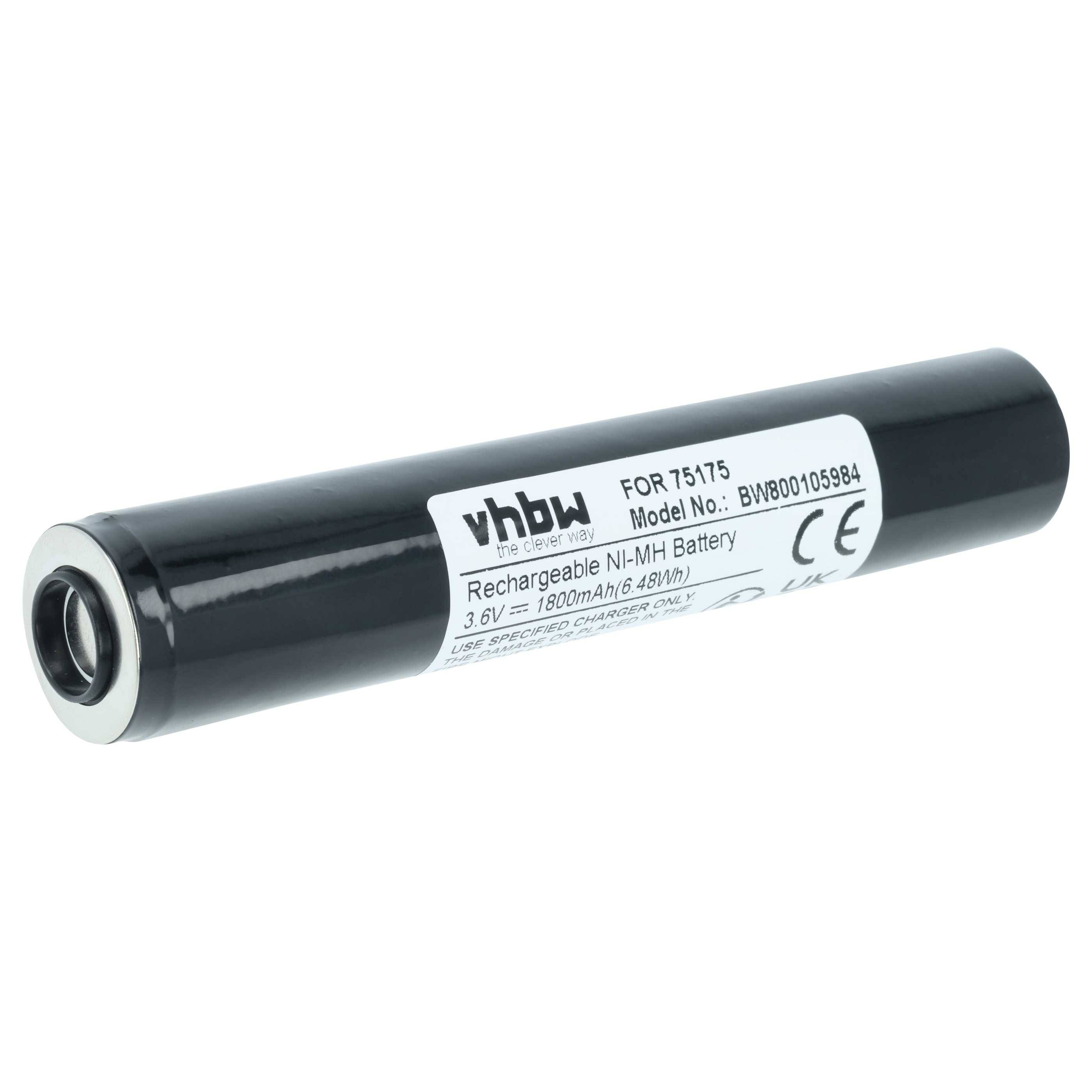 Eine aufladbare schwarze Batterie mit der Bezeichnung 'vhbw' und der Modellnummer BWB00105804. Kapazität: 3,6V, 1800mAh, 6,48Wh.