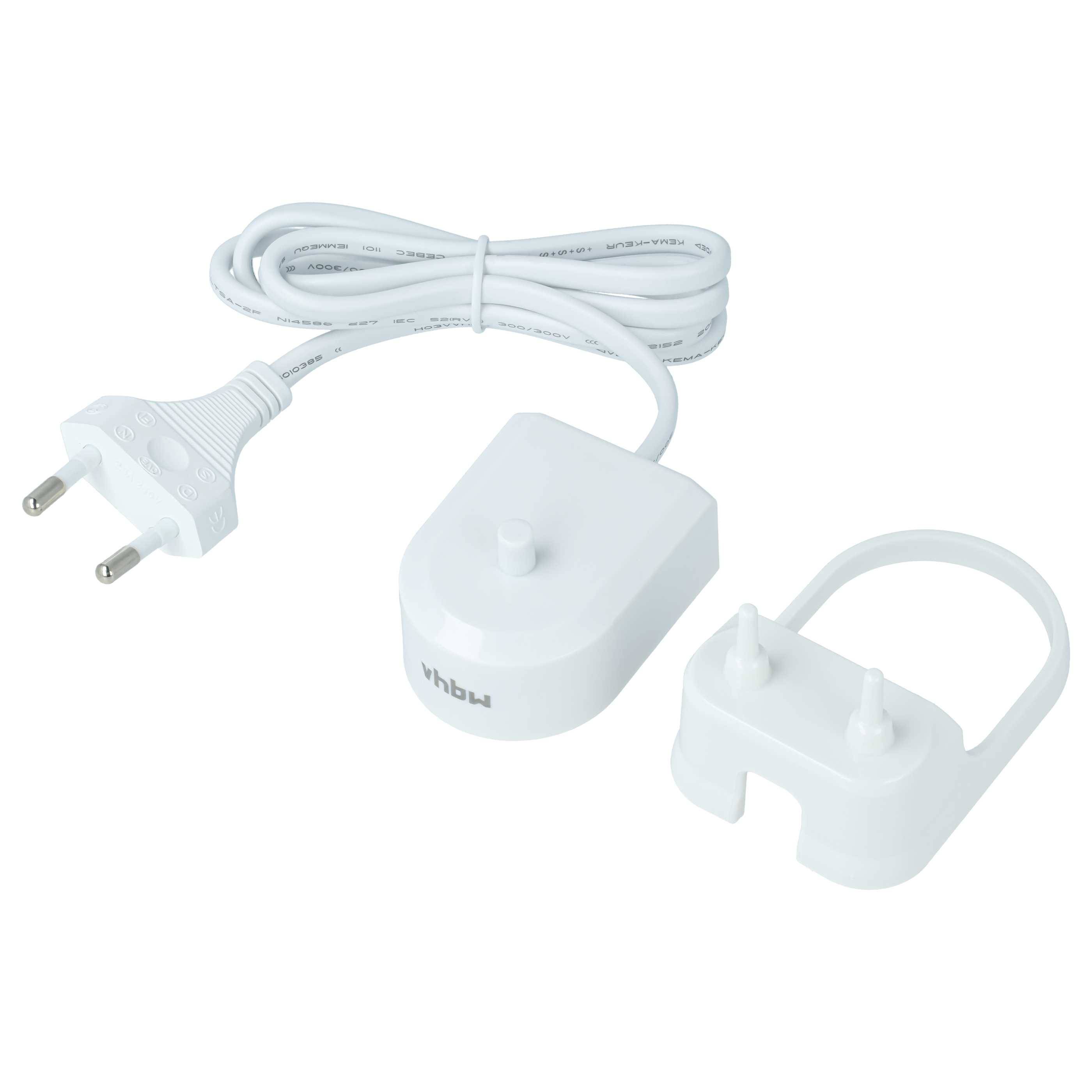 Weißes Stromkabel mit europäischem Stecker, Inline-Schalter und einem zweipoligen Adapter auf weißem Hintergrund.