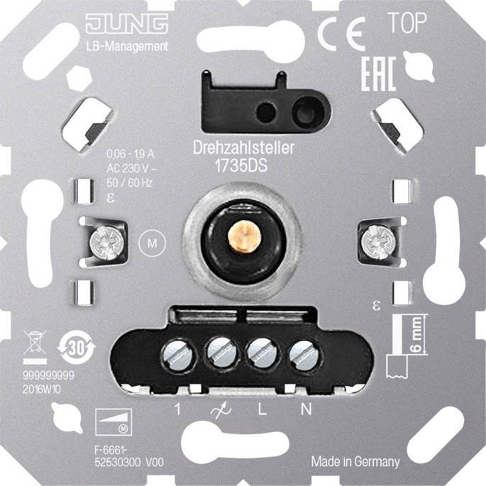 Nahaufnahme einer Komponente des Jung LB-Management 1735DS Dimmschalters, die Anschlussklemmen, Seriennummern und Markierungen zur AC-Spannungskompatibilität zeigt.