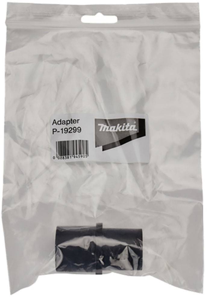 Ein durchsichtiger Plastikbeutel, der einen Makita-Adapter mit der Teilenummer P-19299 enthält.