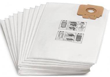 Stapel von Staubsaugerbeuteln mit illustrierten Anweisungen auf dem Deckbeutel, die Installations- und Nutzungsschritte zeigen.