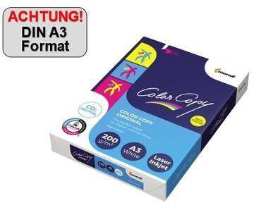 Karton mit Farbkopierpapier A3 in Weiß für Laserdrucker und Inkjetdrucker, gekennzeichnet mit 200 g/m², mit Warnung „ACHTUNG! DIN A3 Format