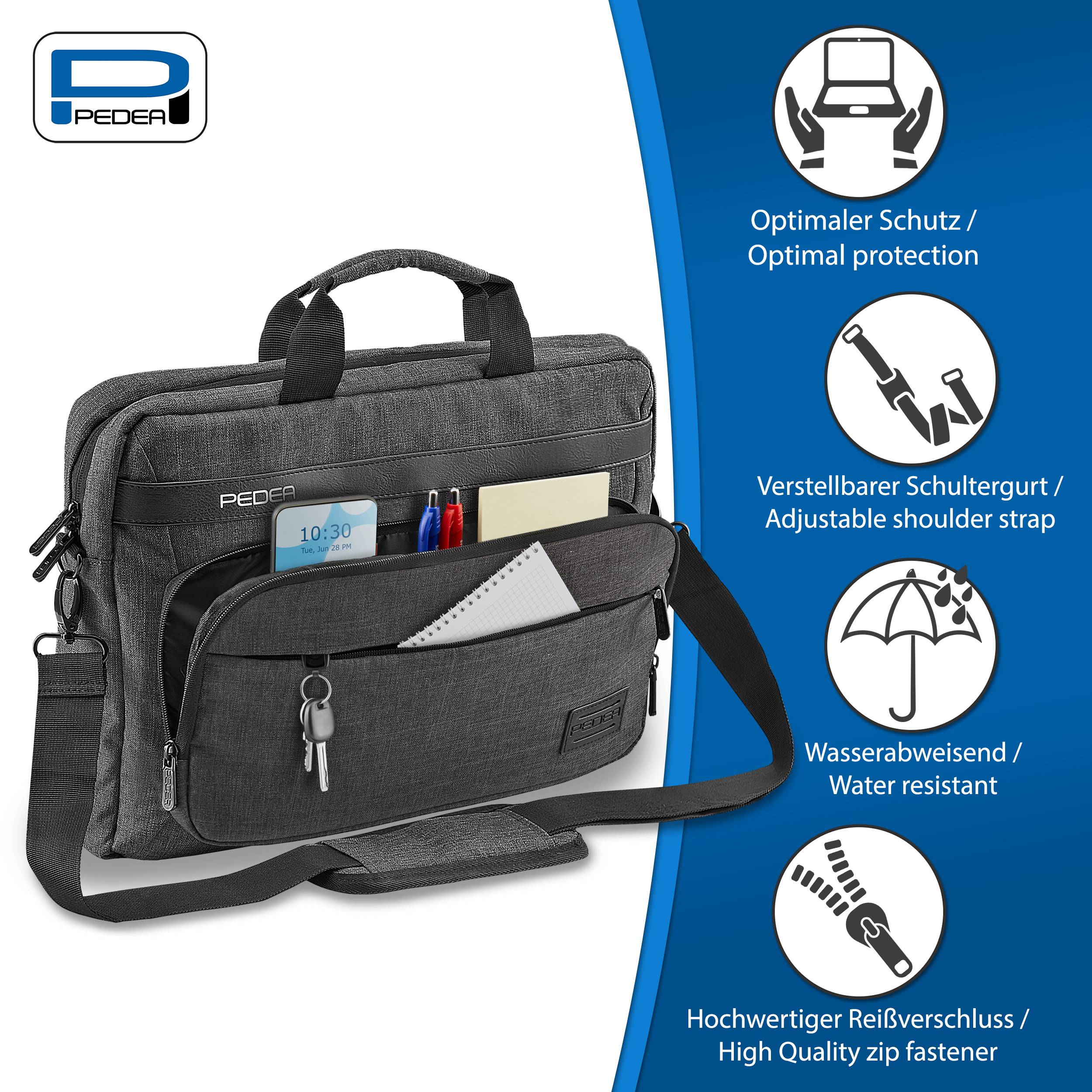 Graue PEDA-Laptop-Schultertasche mit Griffeln und verstellbarem Riemen, gezeigt mit Frontentaschenprodukten; Seitensymbole heben optimalen Schutz, Wasserbeständigkeit und hochwertige Reißverschlüsse hervor.
