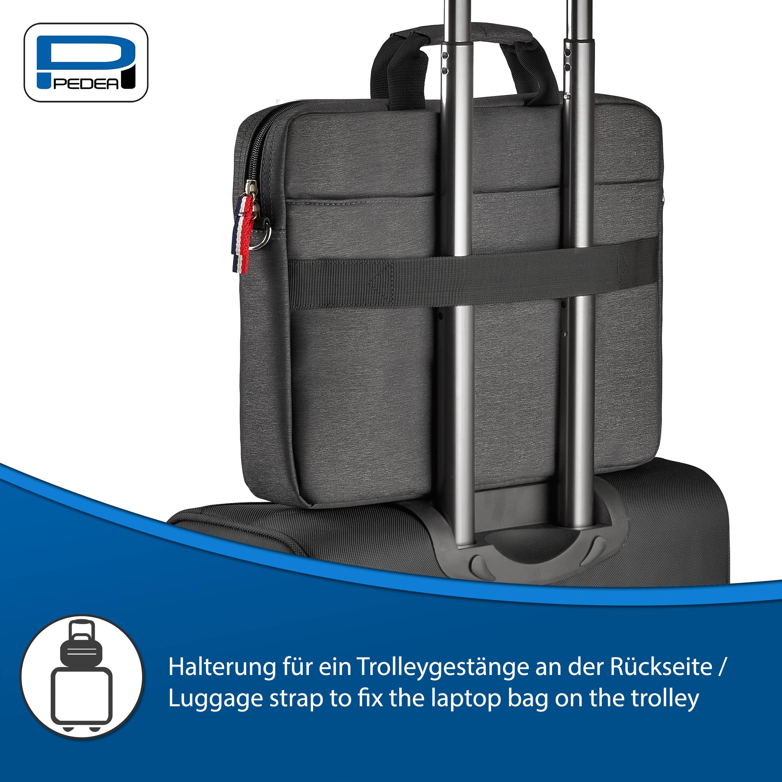 Laptop-Tasche mit hinterem Trolley-Riemen, der am Koffergriff befestigt ist; Produktbild mit PEDEA-Logo und Text mit der Aufschrift „Gepäckgurt zum Befestigen der Laptop-Tasche am Trolley