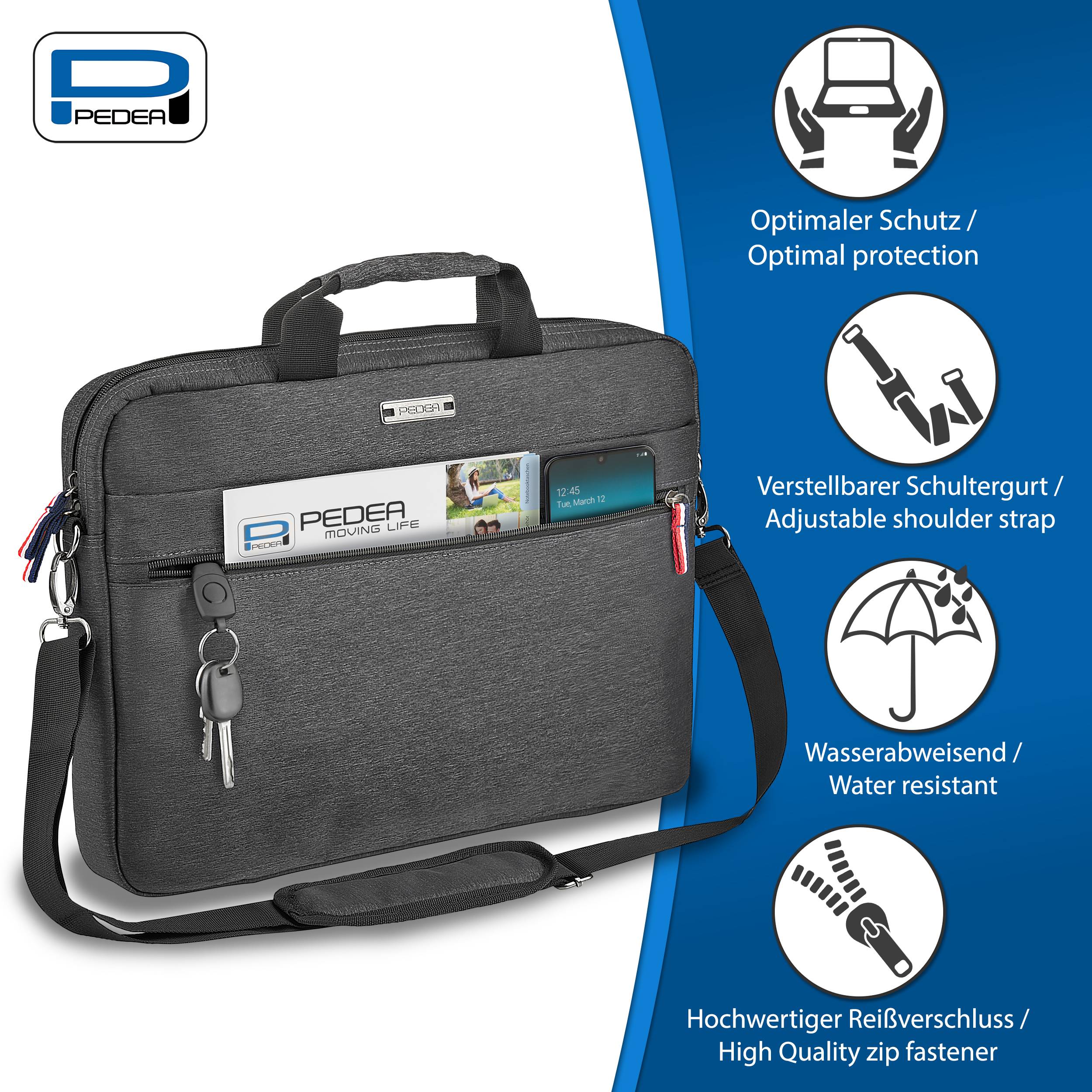 Graue PEDEA Laptop-Schultertasche mit Griff und verstellbarem Riemen, gezeigt mit Funktionssymbolen für optimalen Schutz, Wasserbeständigkeit und hochwertigen Reißverschluss.