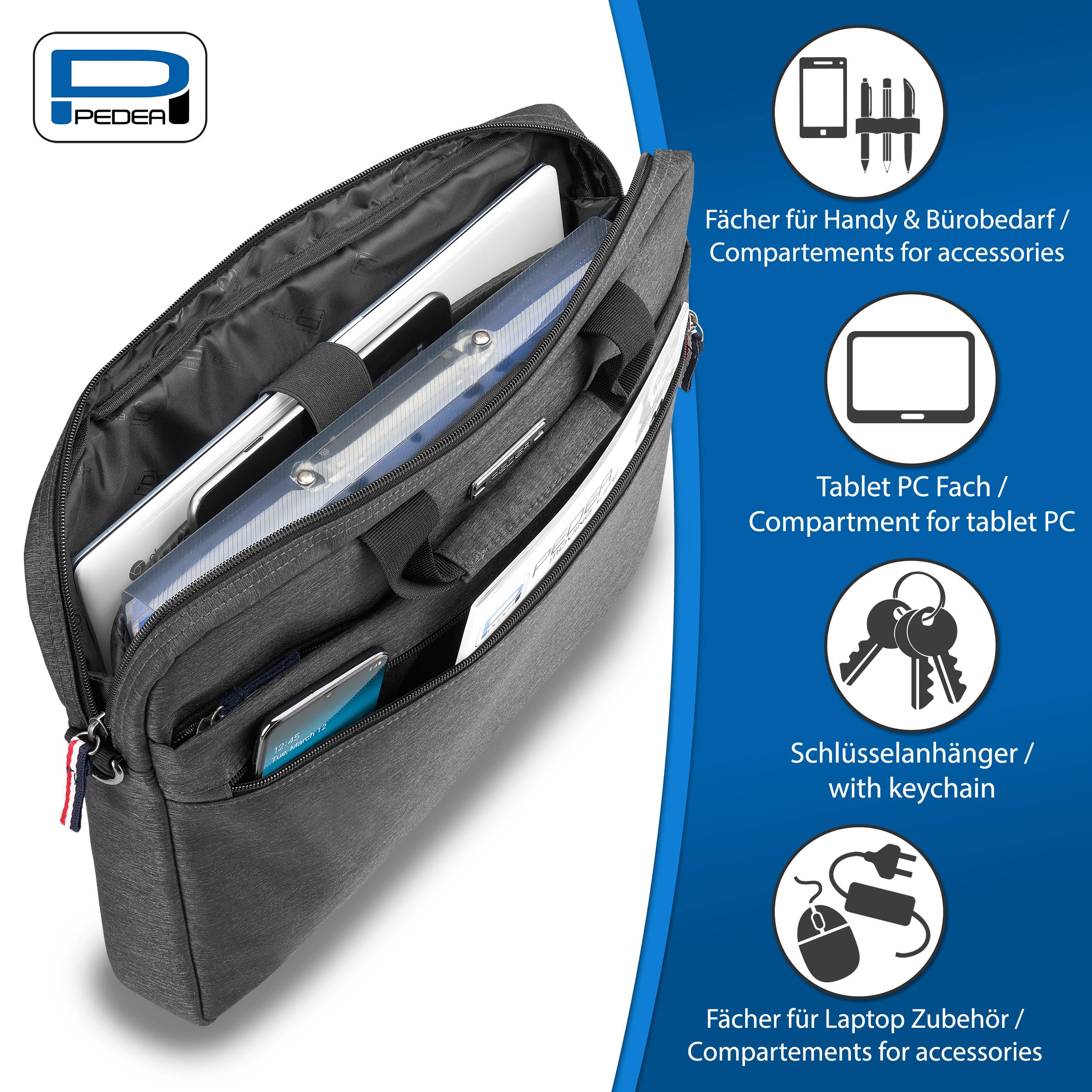 Schwarze Tablet-Tasche mit mehreren Fächern für Tablet, Telefon und Zubehör; Symbole heben Abschnitte für Zubehör, Tablet und Schlüsselbund hervor.