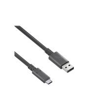 Schwarzes USB-A-zu-USB-C-Ladekabel mit zwei angezeigten Anschlüssen auf weißem Hintergrund.