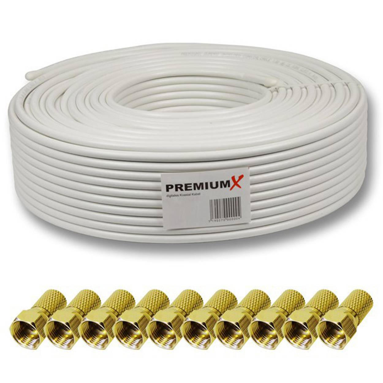 PremiumX 50m DELUXE PRO Koaxialkabel 135dB 5-Fach geschirmt, reines Kupfer SAT Antennenkabel 10x F-Stecker (0,70€/M)