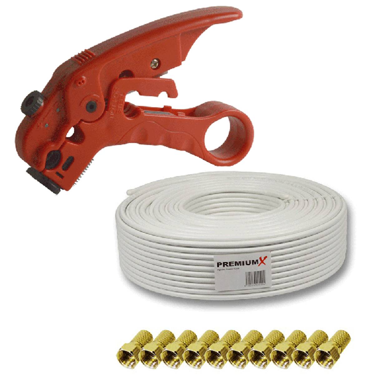 PremiumX XCon CS-100 Universal 2-Stufen Abisolierer für Koaxialkabel + DELUXE PRO Koaxial Kabel 135dB 5-Fach geschirmt, reines Kupfer 25m SAT