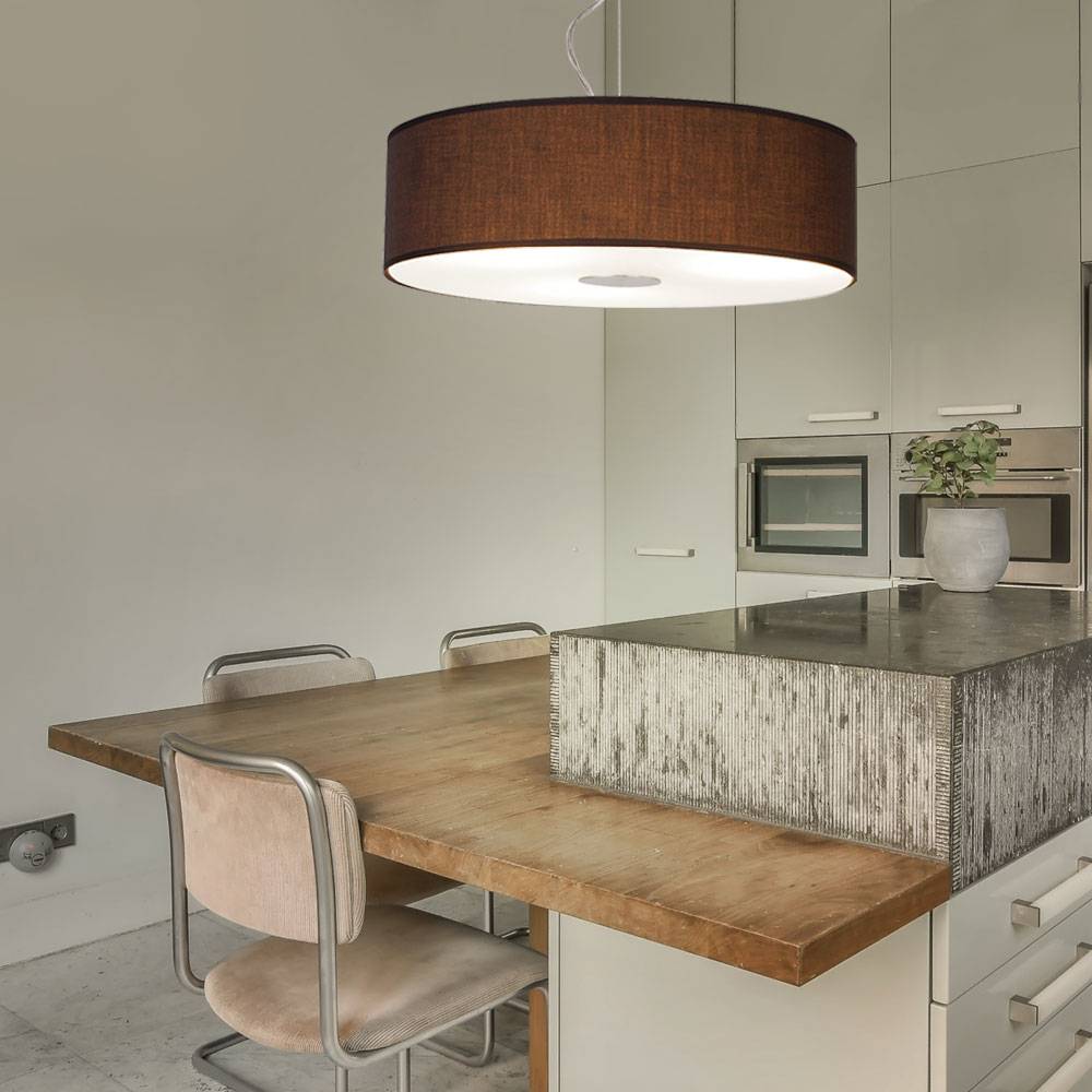 Hängeleuchte Wohnzimmerlampe hängend rund 1 flammig Pendelleuchte Stoffschirm Modern, Stahl gebürstet, Glas satiniert, 1x E27, DxH 45x175 cm