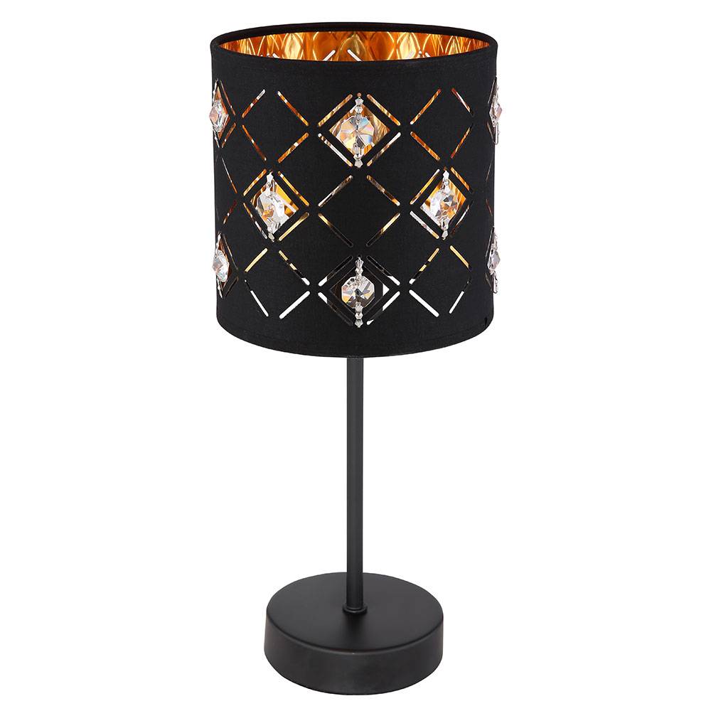Tischleuchte Beistelllampe Wohnzimmerleuchte, Modern Stoffschirm, Tischlampe Nachttischleuchte, schwarz Textil Acryl Kristalle, 1x E14 DxH 15x35 cm