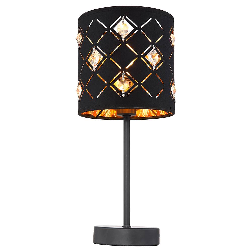 Tischleuchte Beistelllampe Wohnzimmerleuchte, Modern Stoffschirm, Tischlampe Nachttischleuchte, schwarz Textil Acryl Kristalle, 1x E14 DxH 15x35 cm