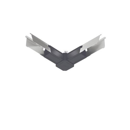 Eine Eckverbindung eines Dachrinnen-Systems, in V-Form dargestellt, mit dunkelgrauem Zentrum und hellgrauen Seiten, verwendet zur Verbindung von Dachrinnenabschnitten.