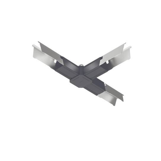 Eine X-förmige Metallhalterung mit vier angewinkelten Armen; konzipiert für strukturelle Unterstützung oder Verbindung.