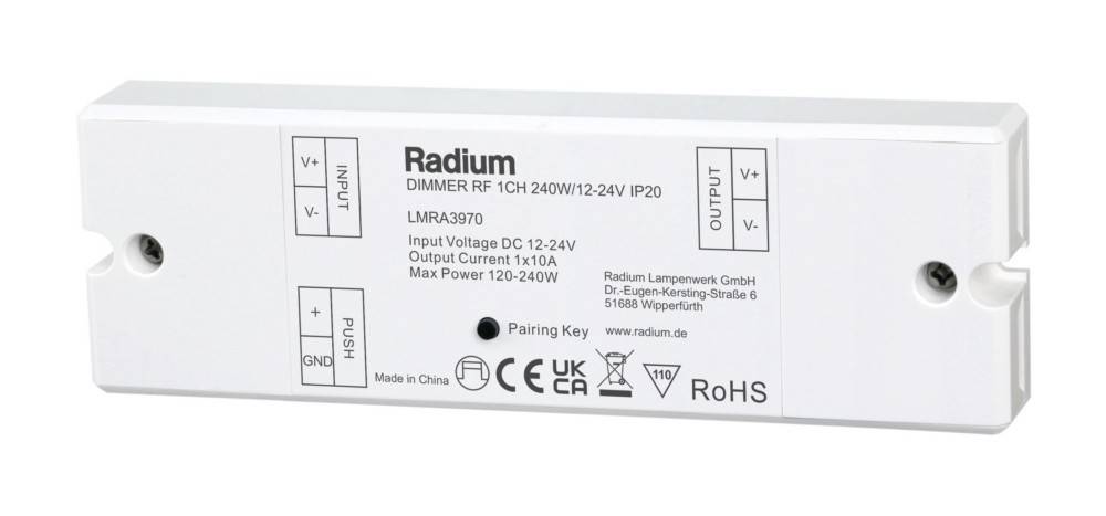 Radium Dimmer RF 1CH 240W/12-24V IP20' Etikett zeigt Eingangsspannung DC 12-24V, Ausgangsstrom 1x10A, Maximalleistung 120-240W, CE- und RoHS-Kennzeichnungen.