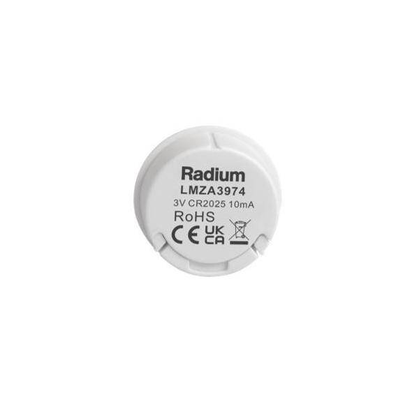 „Radium LMZA3974, 3V CR2025 10mA, RoHS-zertifizierte Batteriekappe mit CE- und UKCA-Kennzeichnungen.