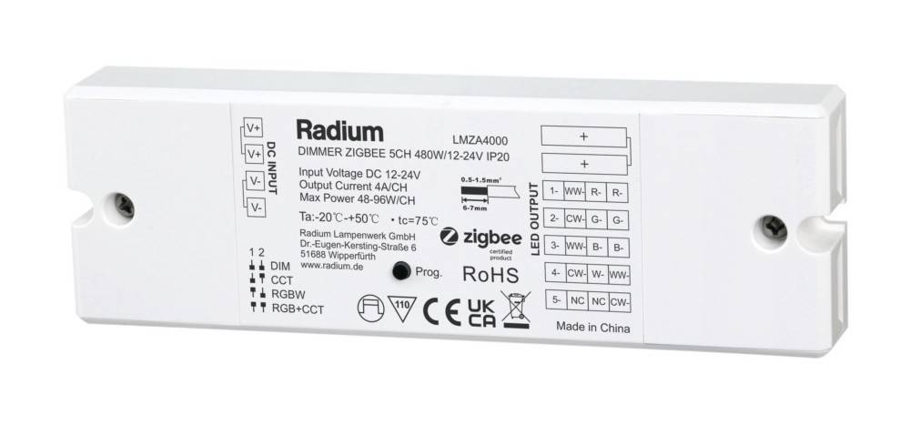 Radium LMZA4000' Dimmer-Etikett, Details: 'Eingangsspannung DC 12-24V, Strom 4A/CH, Leistung 48-96W/CH', Symbole für Zigbee, RoHS, CE-Konformität.