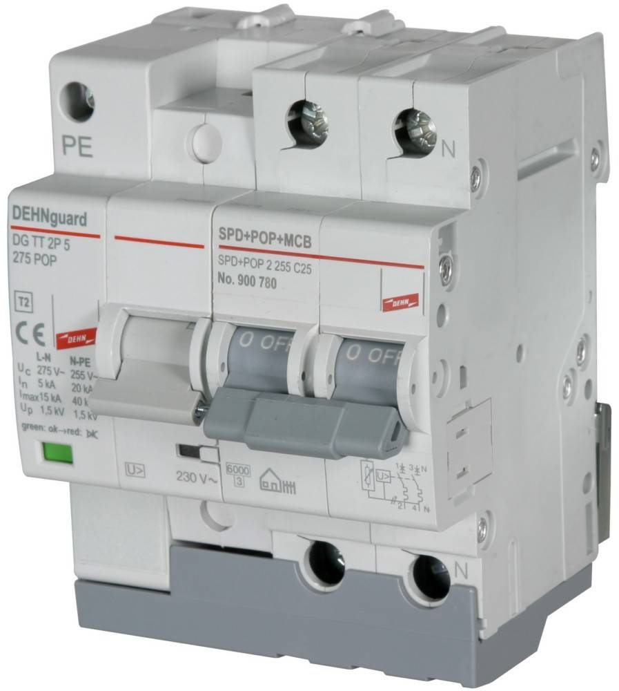 Weißer elektrischer Leitungsschutzschalter/Überspannungsschutzvorrichtung mit zwei Kippschaltern und beschrifteten Anschlüssen.