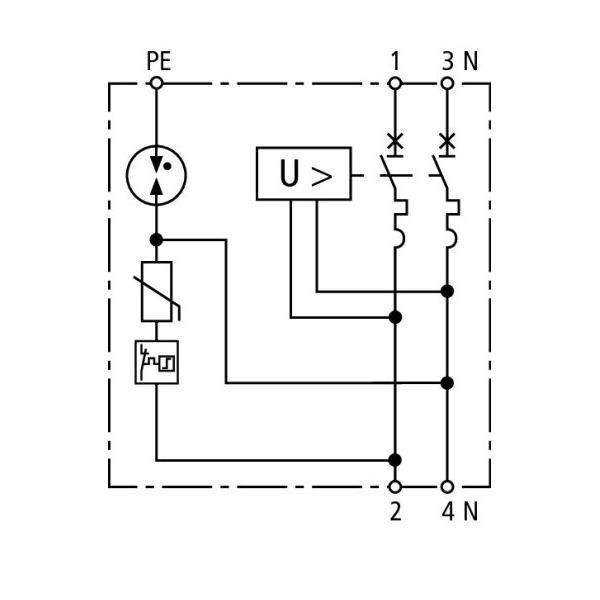 Elektrisches Schaltschema mit einem Spannungsüberwachungsrelais mit der Bezeichnung „U>" mit den Anschlüssen PE, 1, 2, 3, 4 und N, verbunden mit zwei geschalteten Leitern und dem Neutralleiter.