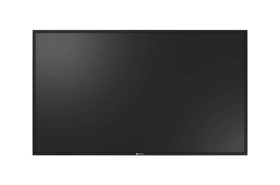 Großer schwarzer Flachbildschirm oder Fernseher auf weißem Hintergrund, gezeigt im ausgeschalteten Zustand ohne Inhalte auf dem Bildschirm.