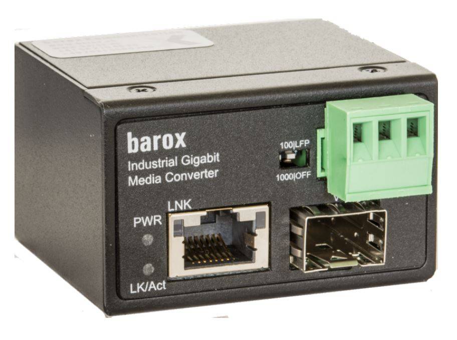 Barox Industrial Gigabit Media Converter mit Ethernet- und Glasfaseranschlüssen, Stromversorgungs- und Link-/Aktivitätsindikatoren sowie grünem Terminal-Anschluss.