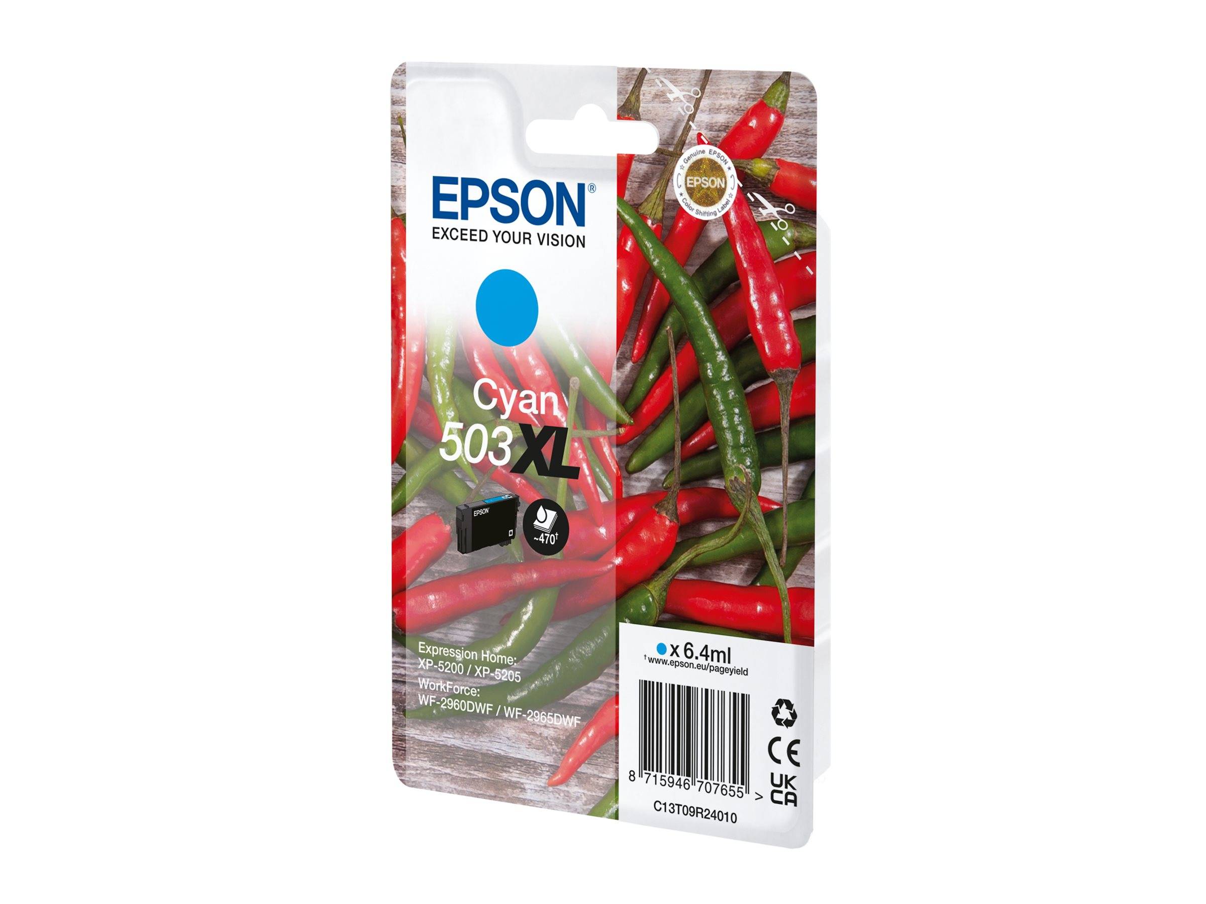 Epson Cyan 503XL Tintenpatrone Packung mit blauem Farbpunkt und Chilischoten-Hintergrund, gekennzeichnet für 6,4 ml Tinte.