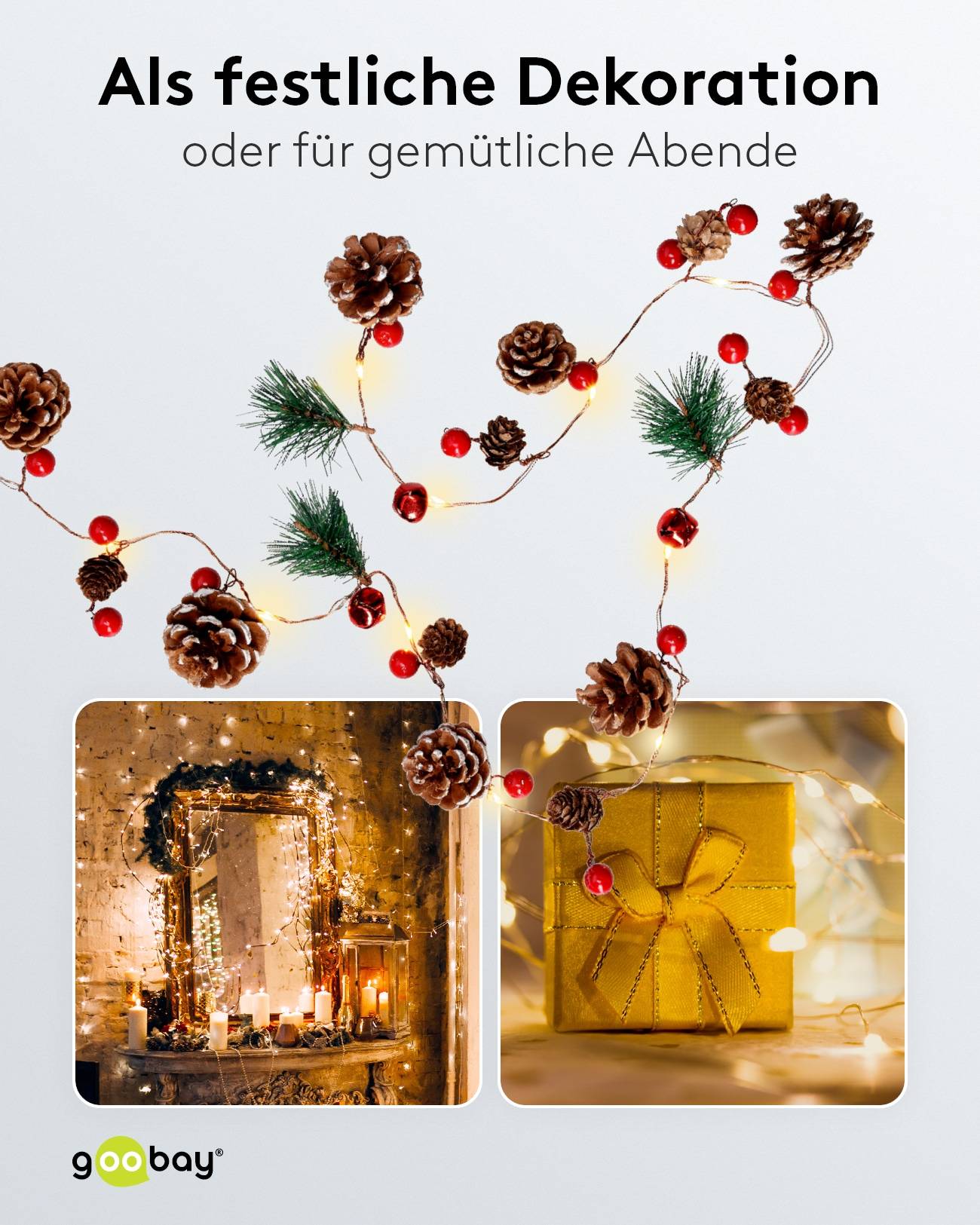 Eine Lichterkette mit Tannenzapfen und Beeren. Darunter ein kerzenerleuchter Kaminsims und ein Geschenk, das in gelbes Papier gewickelt ist und mit ähnlichen Lichtern verziert wurde.