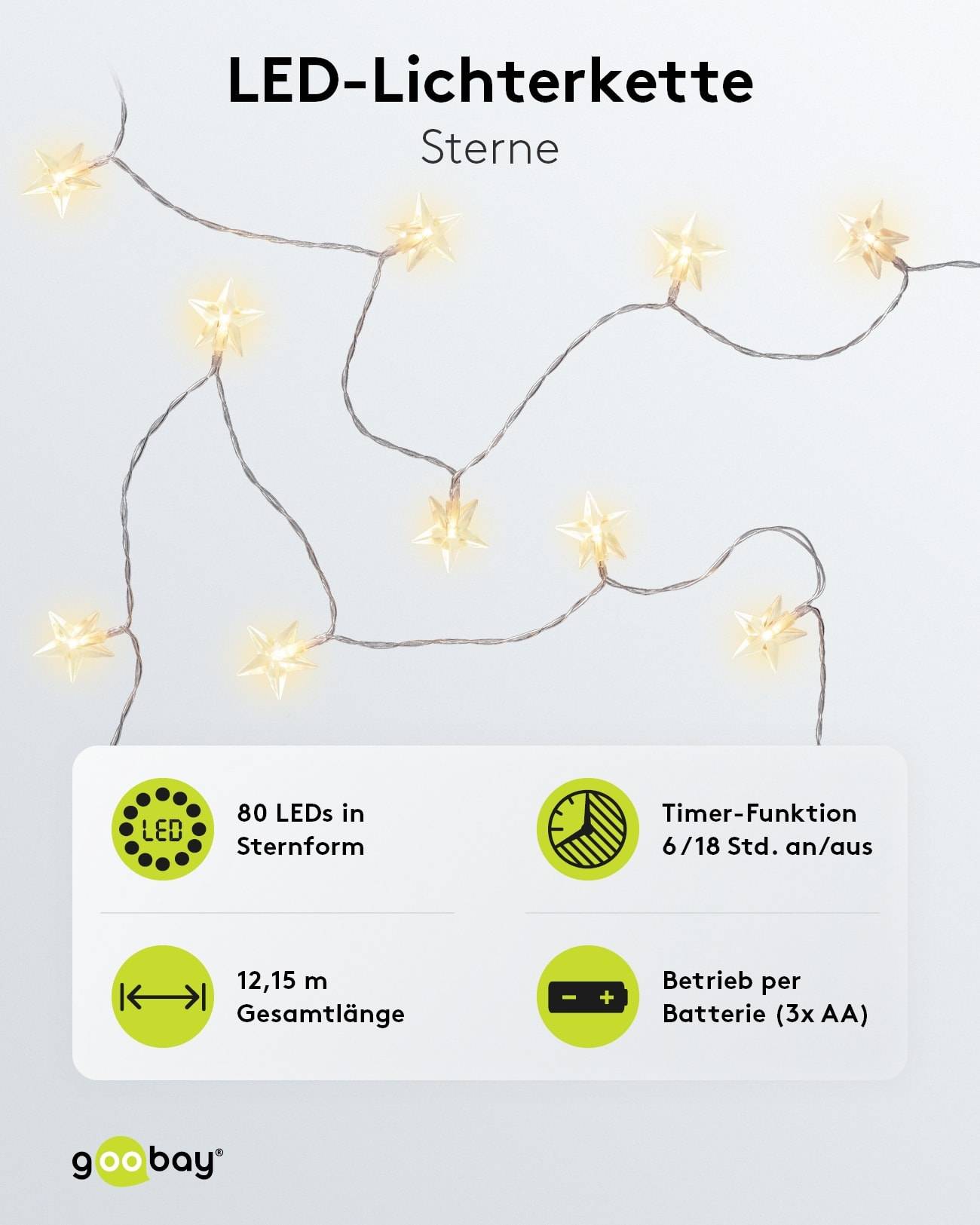 GOOBAY LED-Lichterkette "Sterne", 80 LEDs, Silberdraht, 2 Leucht Modi, Innen/Außen, 12,15 m