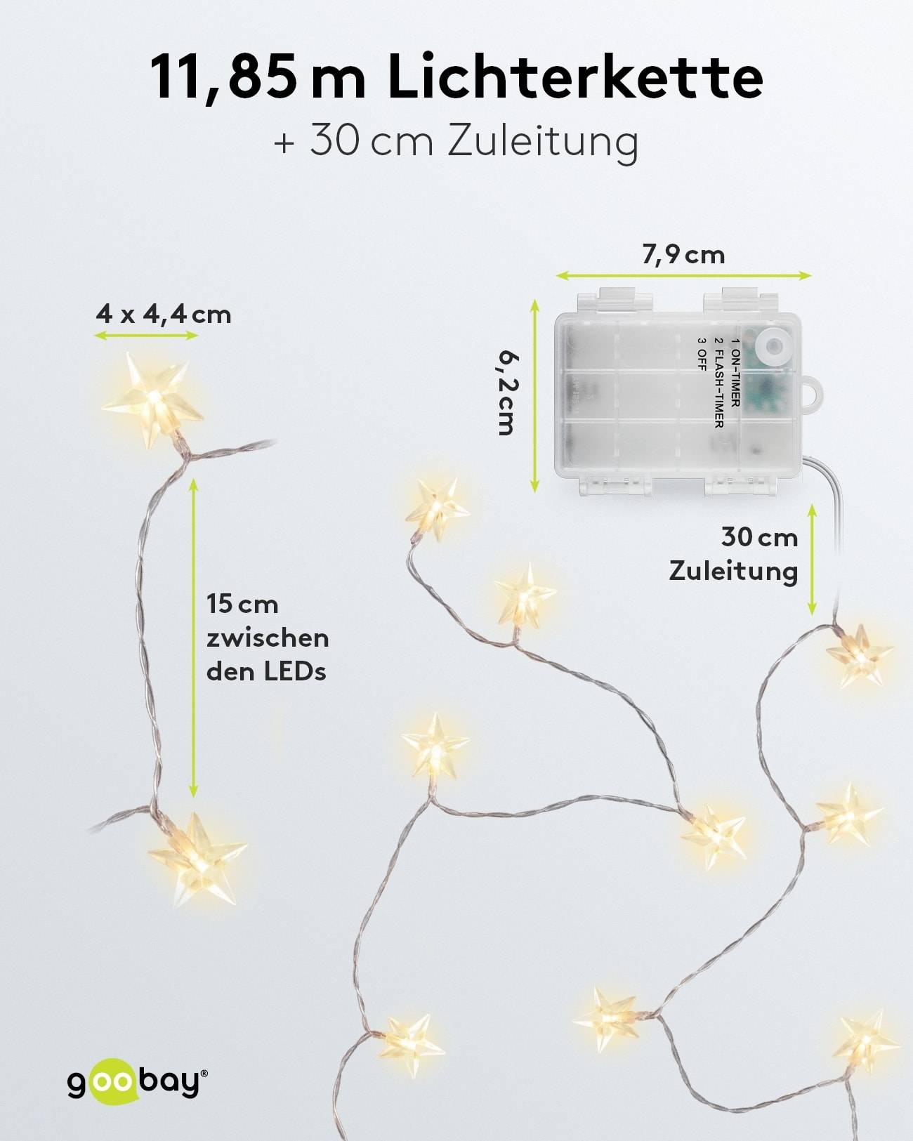 GOOBAY LED-Lichterkette "Sterne", 80 LEDs, Silberdraht, 2 Leucht Modi, Innen/Außen, 12,15 m