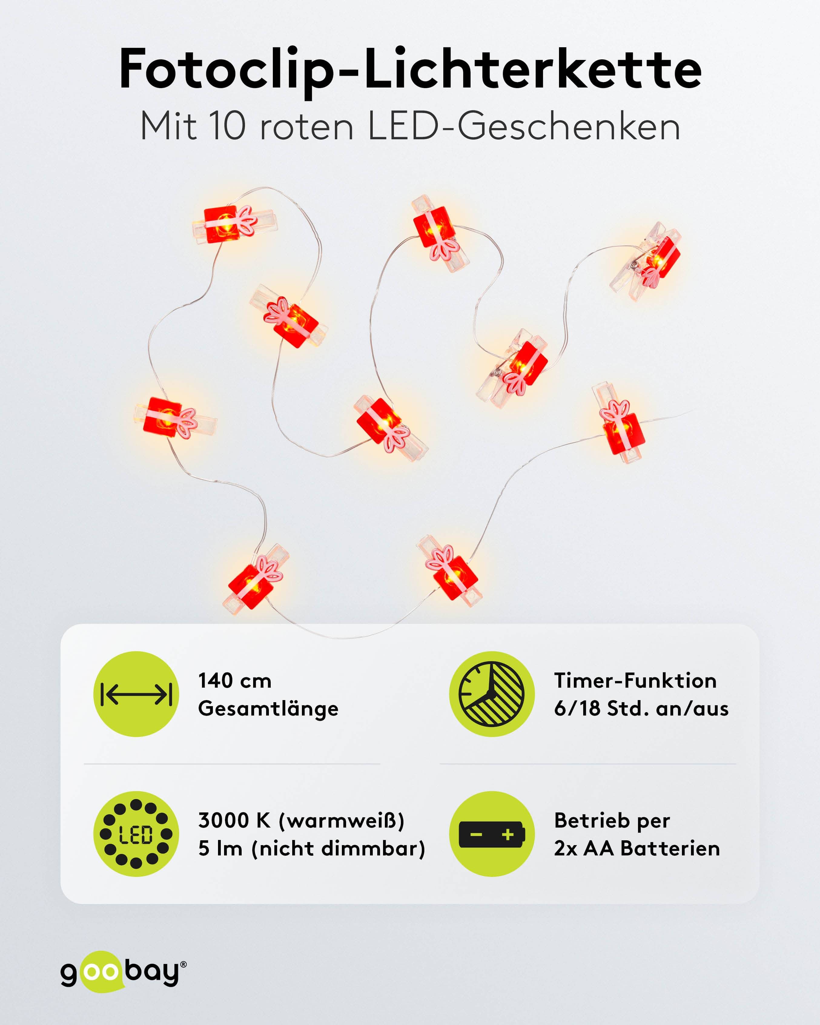 GOOBAY LED-Fotoclips-Lichterkette "Geschenk", Timerfunktion, 10 LEDs, 140 cm